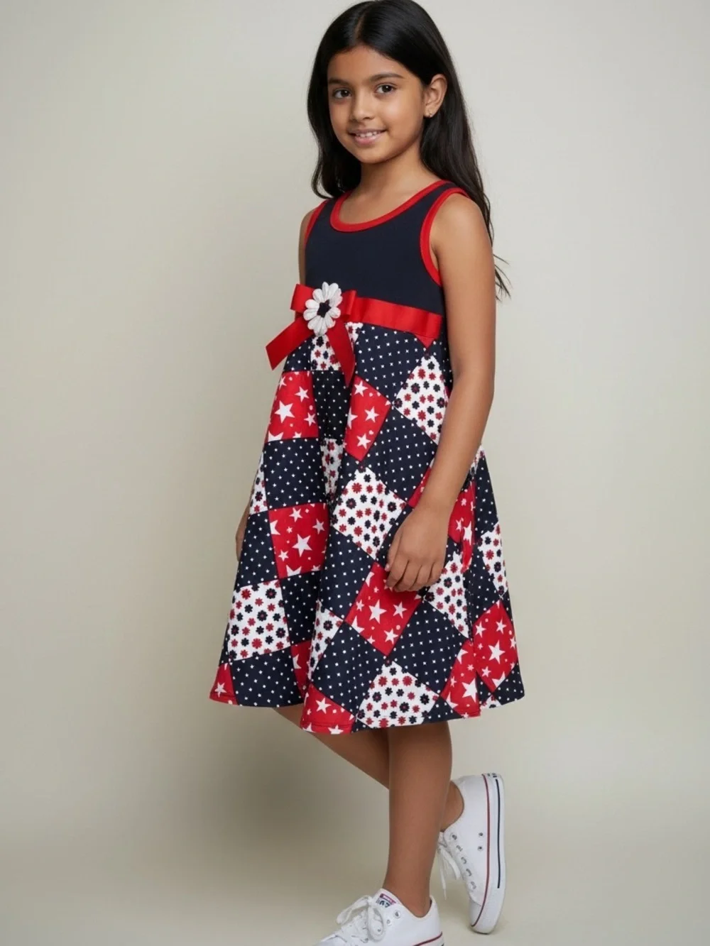 Kohl's Red, Navy & White Patchwork Star Tank Dress with Bow